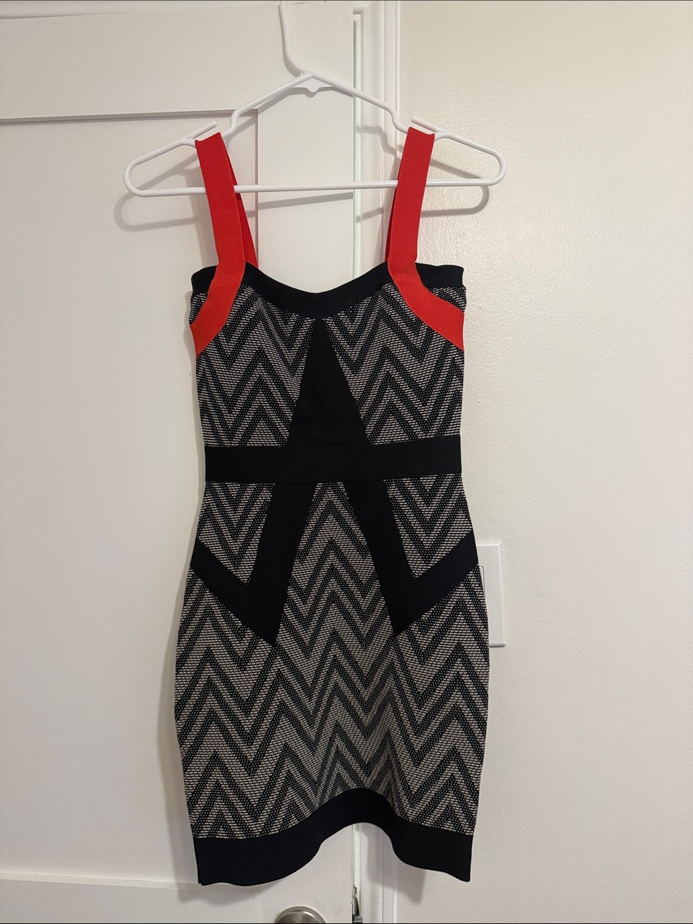Marciano Black and Ivory Chevron Knit Dress with Red Straps